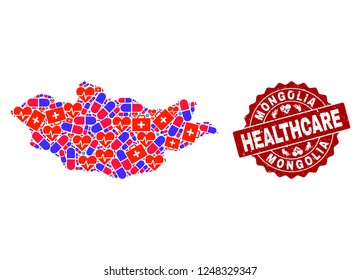Healthcare collage of bright medical mosaic map of Mongolia and rubber stamp. Vector red watermark with unclean rubber texture and Healthcare caption.