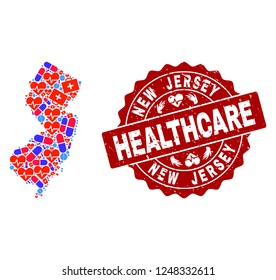 Healthcare collage of bright medical mosaic map of New Jersey State and grunge seal stamp. Vector red seal with grunge rubber texture and Healthcare caption.