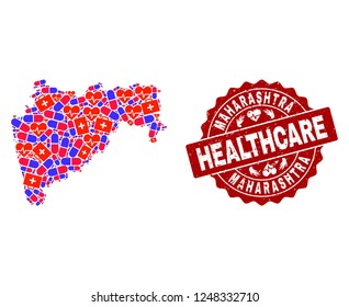 Healthcare collage of bright medical mosaic map of Maharashtra State and corroded seal. Vector red seal with grunge rubber texture and Healthcare caption.