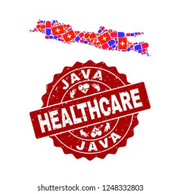 Healthcare collage of bright medical mosaic map of Java Island and unclean seal stamp. Vector red seal with corroded rubber texture and Healthcare caption.