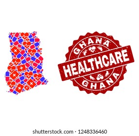 Healthcare collage of bright medical mosaic map of Ghana and rubber seal. Vector red imprint with distress rubber texture and Healthcare caption.