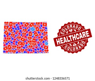 Healthcare collage of bright medical mosaic map of Colorado State and dirty seal. Vector red seal with grunge rubber texture and Healthcare caption.