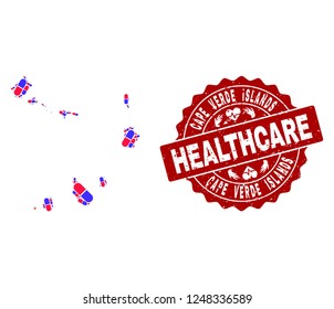 Healthcare collage of bright medical mosaic map of Cape Verde Islands and scratched seal. Vector red seal with scratched rubber texture and Healthcare caption.