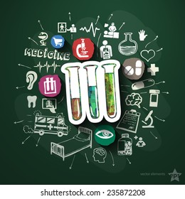 Healthcare collage with icons on blackboard. Vector illustration