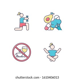 Healthcare color icons set. Physical exercise. Vitamin intake, vegetables. Alcohol and caffeine refusal. Meditation, yoga practice. Fitness and workout. Isolated vector illustrations