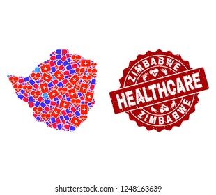 Healthcare combination of bright medical mosaic map of Zimbabwe and scratched seal stamp. Vector red seal with scratched rubber texture and Healthcare caption.