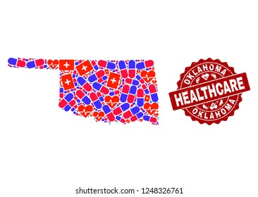 Healthcare combination of bright medical mosaic map of Oklahoma State and rubber seal stamp. Vector red seal with distress rubber texture and Healthcare caption.