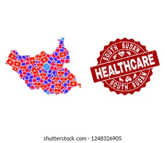 Healthcare combination of bright medical mosaic map of South Sudan and unclean seal stamp. Vector red seal with unclean rubber texture and Healthcare caption.