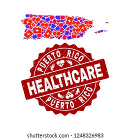 Healthcare combination of bright medical mosaic map of Puerto Rico and textured seal. Vector red seal with unclean rubber texture and Healthcare caption.