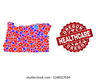 Healthcare combination of bright medical mosaic map of Oregon State and scratched seal stamp. Vector red imprint with scratched rubber texture and Healthcare caption.