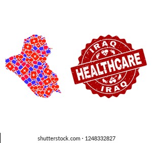 Healthcare combination of bright medical mosaic map of Iraq and rubber seal. Vector red seal with corroded rubber texture and Healthcare caption.