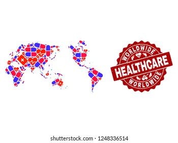 Healthcare combination of bright medical mosaic map of Earth and scratched seal stamp. Vector red imprint with scratched rubber texture and Healthcare caption.