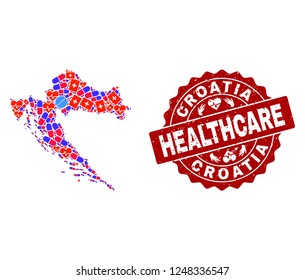Healthcare combination of bright medical mosaic map of Croatia and rubber seal. Vector red seal with scratched rubber texture and Healthcare caption.