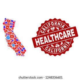 Healthcare combination of bright medical mosaic map of California and grunge seal stamp. Vector red seal with grunge rubber texture and Healthcare caption.