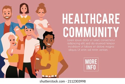 Healthcare community website with cartoon people vaccinated against Covid-19 or seasonal flu, flat vector illustration. Community involvement in pandemic prevention.