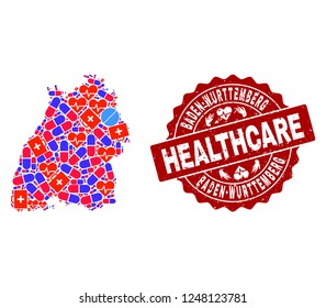 Healthcare composition of bright medical mosaic map of Baden-Wurttemberg State and grunge seal. Vector red seal with grunge rubber texture and Healthcare caption.