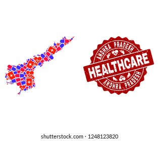 Healthcare composition of bright medical mosaic map of Andhra Pradesh State and scratched seal. Vector red seal with scratched rubber texture and Healthcare caption.