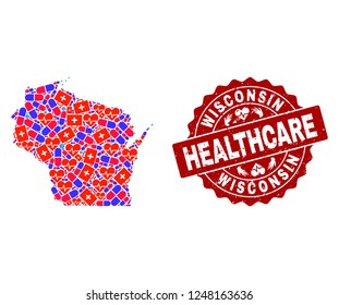Healthcare composition of bright medical mosaic map of Wisconsin State and rubber seal. Vector red seal with scratched rubber texture and Healthcare caption.