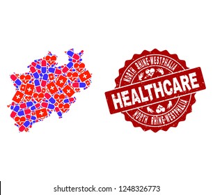 Healthcare composition of bright medical mosaic map of North Rhine-Westphalia State and dirty seal stamp. Vector red seal with corroded rubber texture and Healthcare caption.