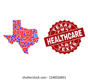 Healthcare composition of bright medical mosaic map of Texas State and rubber seal. Vector red seal with unclean rubber texture and Healthcare caption.