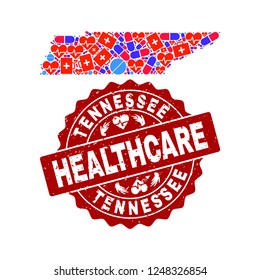 Healthcare composition of bright medical mosaic map of Tennessee State and rubber seal stamp. Vector red watermark with distress rubber texture and Healthcare caption.