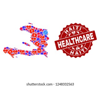 Healthcare composition of bright medical mosaic map of Haiti and rubber seal. Vector red seal with grunge rubber texture and Healthcare caption.