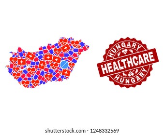 Healthcare composition of bright medical mosaic map of Hungary and grunge stamp. Vector red seal with grunge rubber texture and Healthcare caption.