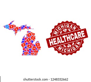 Healthcare composition of bright medical mosaic map of Michigan State and unclean seal stamp. Vector red seal with distress rubber texture and Healthcare caption.