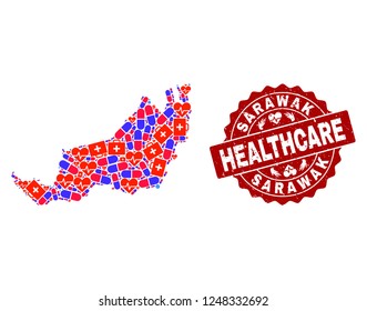 Healthcare composition of bright medical mosaic map of Malaysian Sarawak and corroded seal. Vector red seal with scratched rubber texture and Healthcare caption.