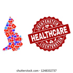 Healthcare composition of bright medical mosaic map of Liechtenstein and corroded stamp. Vector red seal with corroded rubber texture and Healthcare caption.