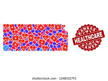 Healthcare composition of bright medical mosaic map of Kansas State and textured seal stamp. Vector red seal with distress rubber texture and Healthcare caption.