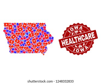 Healthcare composition of bright medical mosaic map of Iowa State and scratched seal stamp. Vector red seal with scratched rubber texture and Healthcare caption.