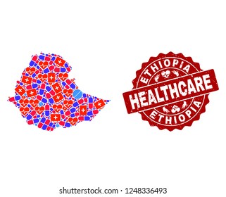 Healthcare composition of bright medical mosaic map of Ethiopia and dirty seal stamp. Vector red seal with unclean rubber texture and Healthcare caption.