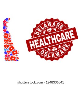 Healthcare composition of bright medical mosaic map of Delaware State and rubber seal. Vector red seal with unclean rubber texture and Healthcare caption.