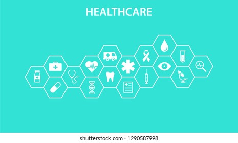 Healthcare concept. Abstract hexagons shape medicine and science background with icons for medical, health, strategy, care, medicine, health, cross, dna, poster, web banner. Vector illustration.
