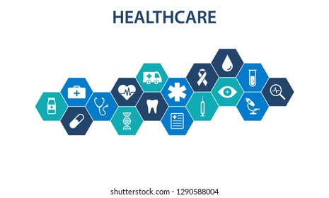 Healthcare concept. Abstract hexagons shape medicine and science background with icons for medical, health, strategy, care, medicine, health, cross, dna, poster, web banner. Vector illustration.