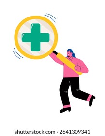 Healthcare concept. Business woman holding a magnifying glass with a medical icon inside. Flat vector illustration isolated on white background