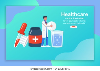 Healthcare concept. Doctor throws a pill with a glass of water. Drink a pain reliever. Pills hold in hand. Pharmacy treatment. Vector illustration flat design. Medicine landing page.