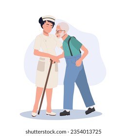 Healthcare Concept. Elderly Grandfather Walking Assistance by Happy female Nurse in Uniform.