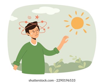 Healthcare concept of exhausted, sunburn, summer day, high temperature. Heat stroke symptoms high body temperature, sweat, perspire, headache, red skin, dehydration. Isolated vector illustration.