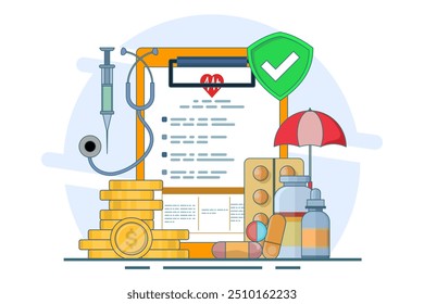 Healthcare concept explained through attractive visuals on the theme of co-payments, coverage and deductibles, featuring interaction with financial elements, flat vector illustration on the background