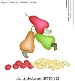 Healthcare Concept, Fresh Cashew Nut with Vitamin K, Thiamine (B1), Magnesium and Minerals Tablet, Essential Nutrient for Life. 