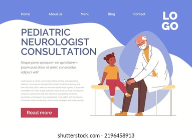 Healthcare Concept. Good Old Doctor Checks Child Patient Health. Consultation To Neurologist. Planned Medical Examination, Rehabilitation. Vector Characters Illustration. Web Template, Landing Page.