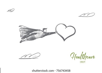 Healthcare concept. Hand drawn superhero with big heart in hand. Flying man holds heart as symbol of healthcare isolated vector illustration.