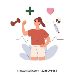 Healthcare concept. Happy healthy woman caring about heart wellness with sport, pharmacy, vitamins, vaccination, medical check. Health awareness. Flat vector illustration isolated on white background.