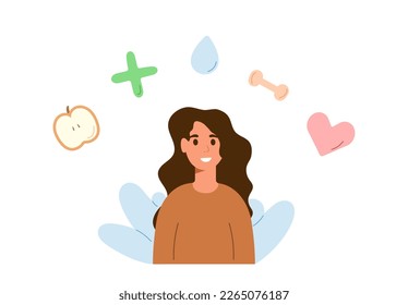 Healthcare concept. Happy healthy woman caring about heart wellness with sport, pharmacy, vitamins, vaccination, medical check. Sports woman. Vector illustration