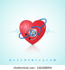 Healthcare concept heart with stethoscope, heartbeat and flat icons in medicine, medical, health, cross decoration for flyers, poster, web, banner, and card vector illustration