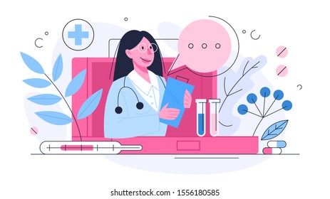 Healthcare concept, idea of doctor caring about patient health. Medical treatment and recovery. Vector illustration in cartoon style