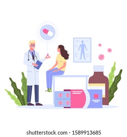 Healthcare concept, idea of doctor caring about patient health. Female patient on a consultation with male doctor. Medical treatment and recovery. Vector illustration in cartoon style