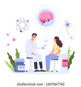 Healthcare concept, idea of doctor caring about patient health. Female patient on a consultation with neurologist. Medical treatment and recovery. Vector illustration in cartoon style